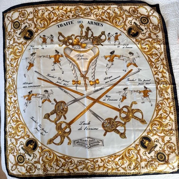 Hermes Carre 90 Traite des Arms Black Gold and White Silk Scarf with COA - Picture 2 of 12